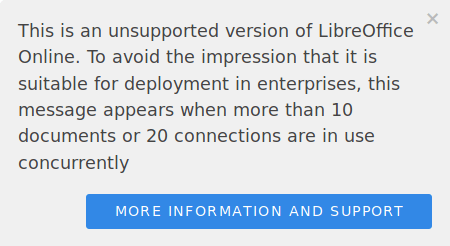 Capture d&rsquo;écran montrant un avertissement concernant une version non prise en charge de LibreOffice Online